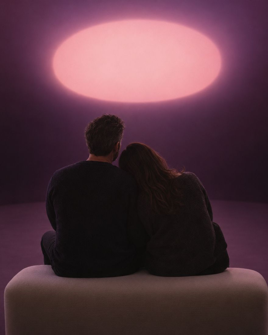A man and a woman sit side by side on a bench, seen from behind, facing a glowing rose-pink opening.