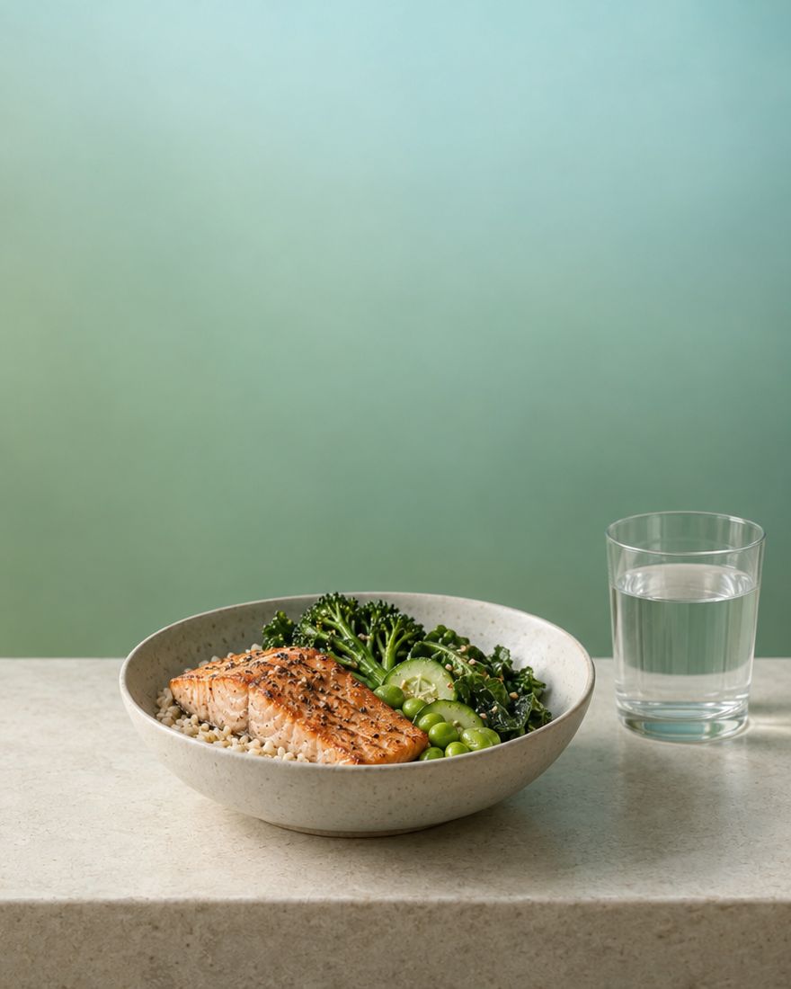A simple bowl of salmon, rice and greens beside a glass of water, in soft green light.