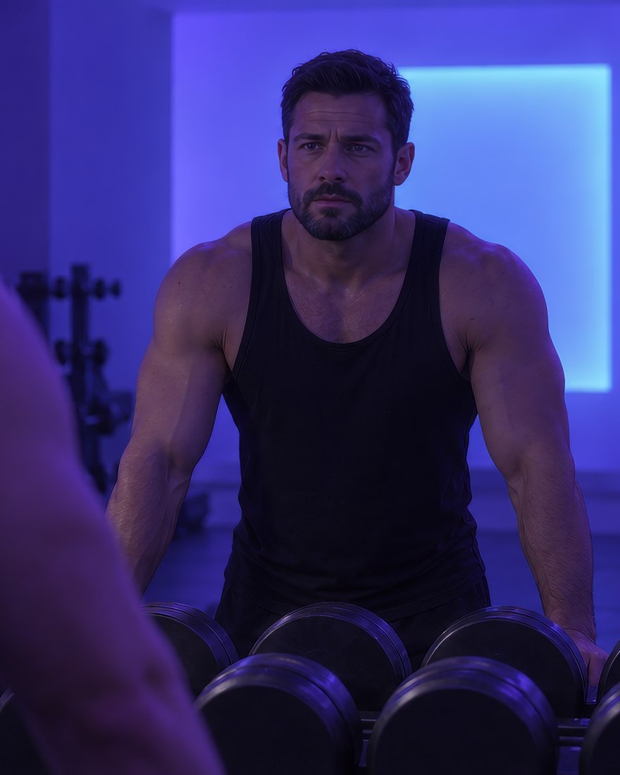 Reflected in a gym mirror under violet light, a man in a black tank top rests his hands on a dumbbell rack between sets, looking at himself calmly.