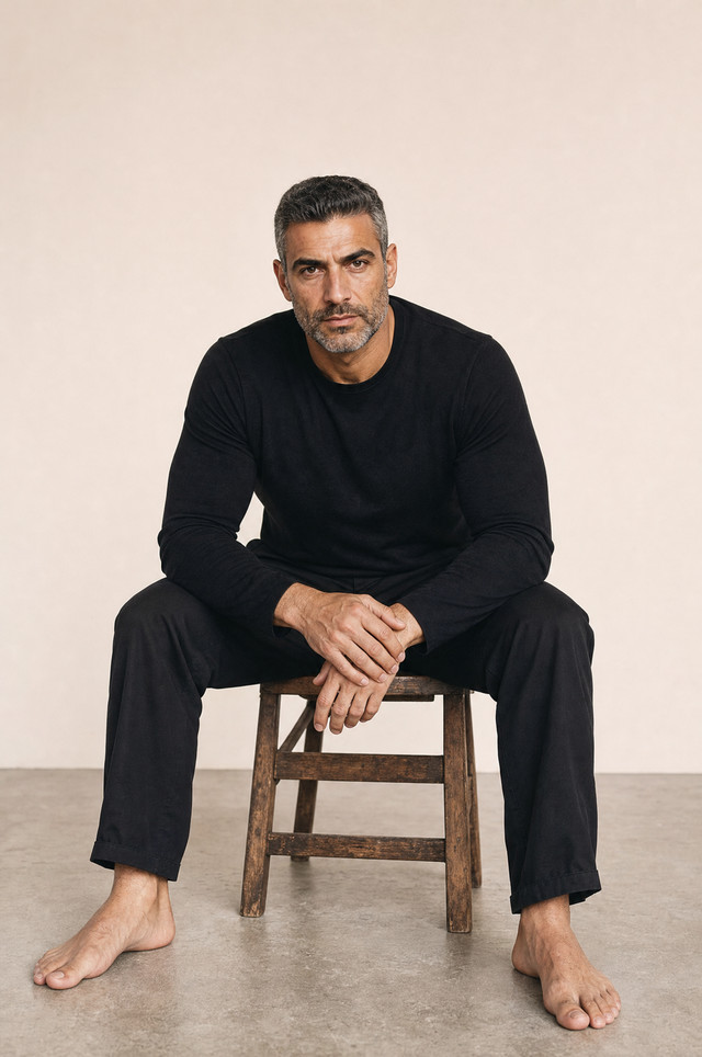 A man seated on a wooden stool in a quiet studio, looking at the camera.