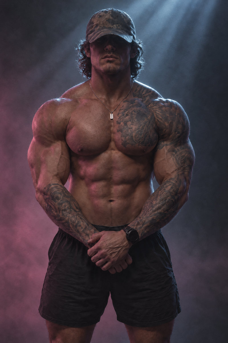 A heavily muscled man in a camouflage cap, hands clasped in front of him, in hazy light with soft blue and rose tones.