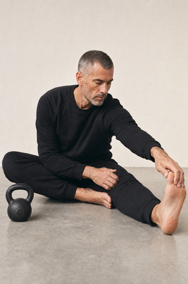 A man in a seated hamstring stretch beside a kettlebell.