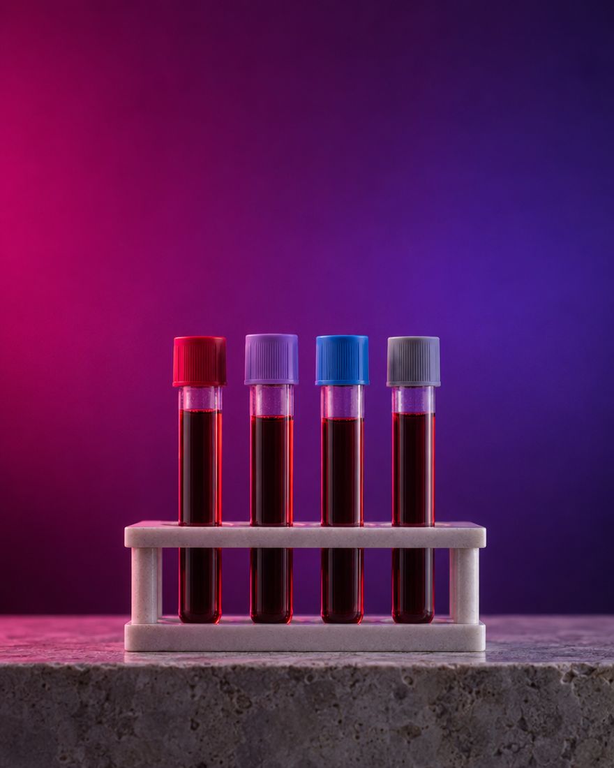 Four sealed blood collection tubes in a pale rack, glowing in magenta light.