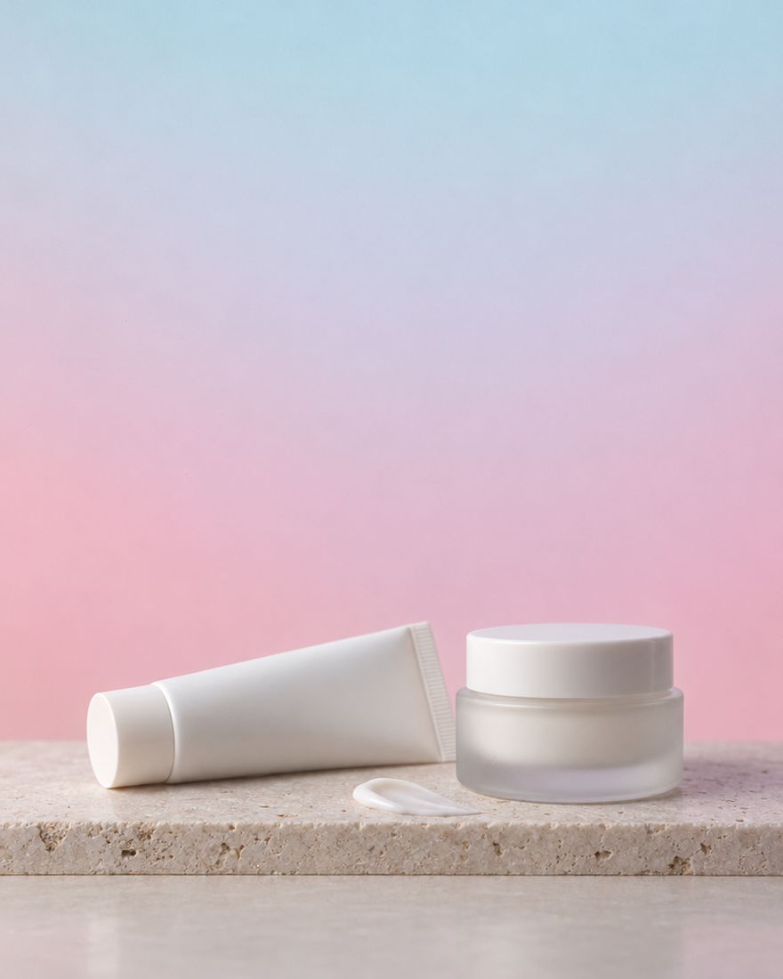 An unbranded white tube and a frosted jar of cream on a pale ledge in soft pink and cyan light.