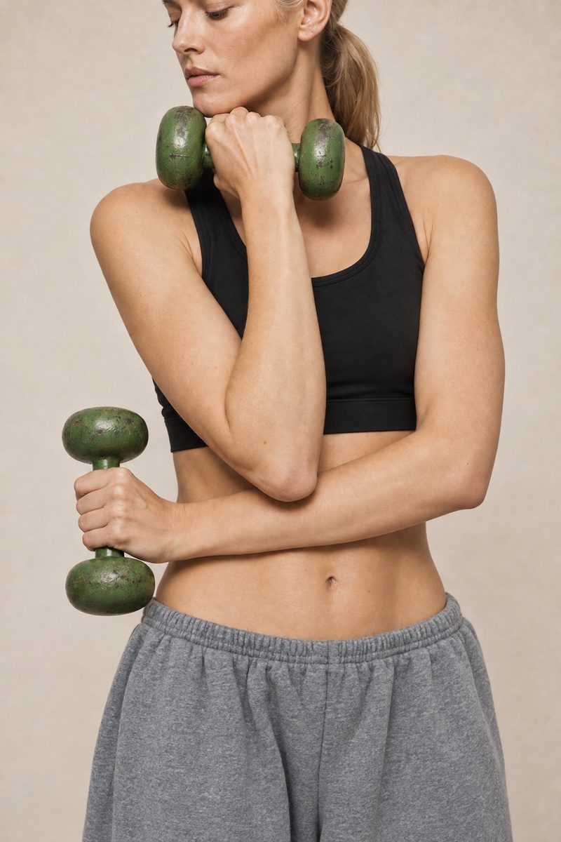 A woman in a black sports top and loose grey sweatpants holding two small green dumbbells.