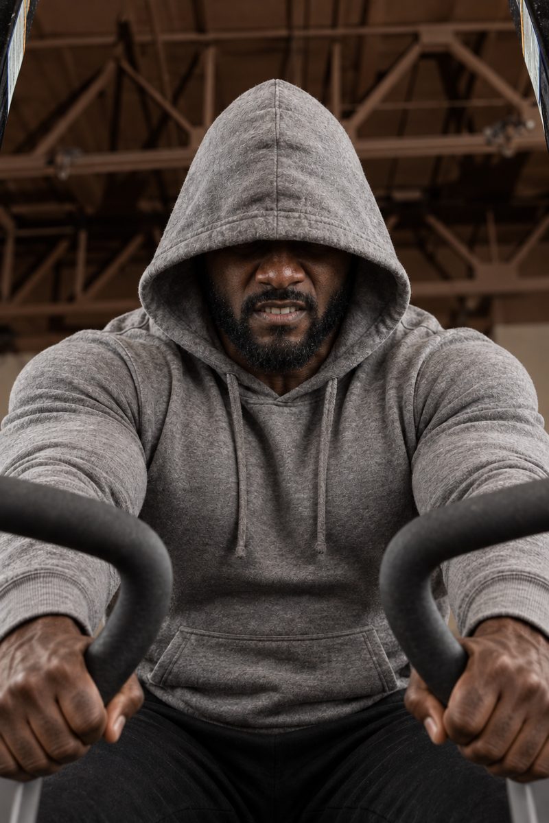 A man in a grey hoodie, hood pulled low over his eyes, strains as he pulls the handles of a gym machine.