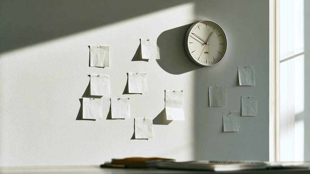 Patient notes pinned to a pale wall beside a plain wall clock.