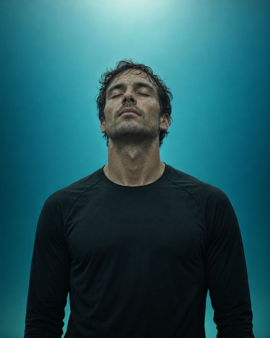 A man in a black running top stands with his eyes closed, catching his breath, in teal light.